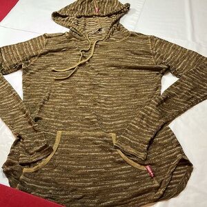 Hard Tail OLIVE GREEN brown striped Hooded knit SWEATER Thermal Pullover pocket